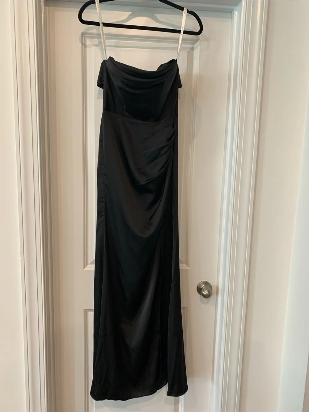 Azazie strapless Black Evening Gown - Classic column satin with split 6